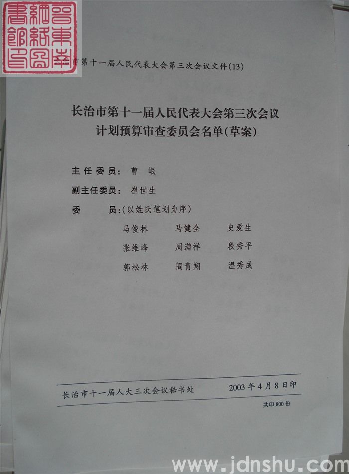 长治市第十一届人民代表大会第三次会议文件（13）：长治市第十一届人民代表大会第三次会议计划预算审查委员会名单（草案）