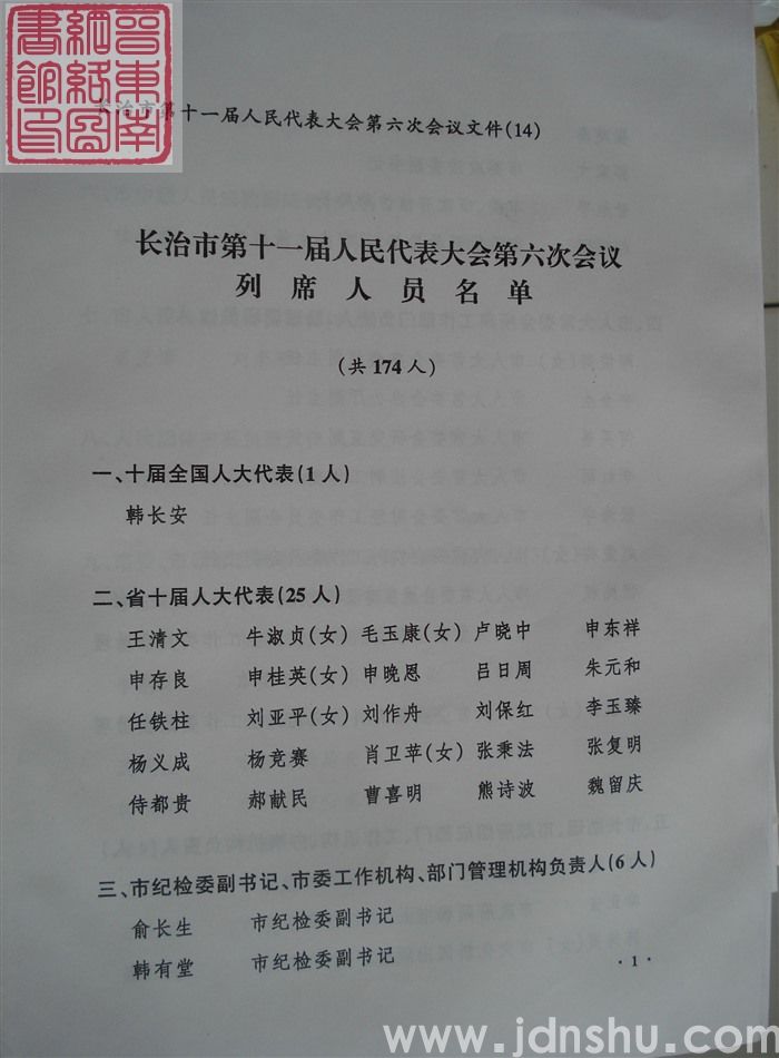 长治市第十一届人民代表大会第六次会议文件（14）：长治市第十一届人民代表大会第六次会议列席人员名单