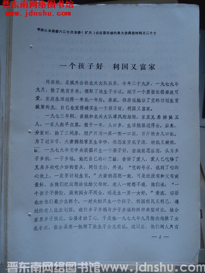 中共沁水县委六届七次全委（扩大）会议暨劳模代表大会典型材料之二十七：一个孩子好 利国又富家
