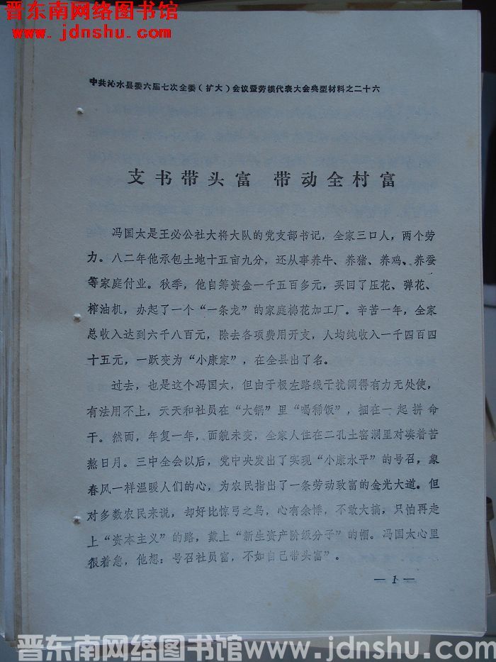 中共沁水县委六届七次全委（扩大）会议暨劳模代表大会典型材料之二十六：支书带头富 带动全村富