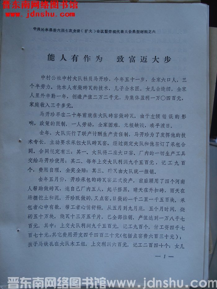 中共沁水县委六届七次全委（扩大）会议暨劳模代表大会典型材料之六：能人有作为 致富迈大步