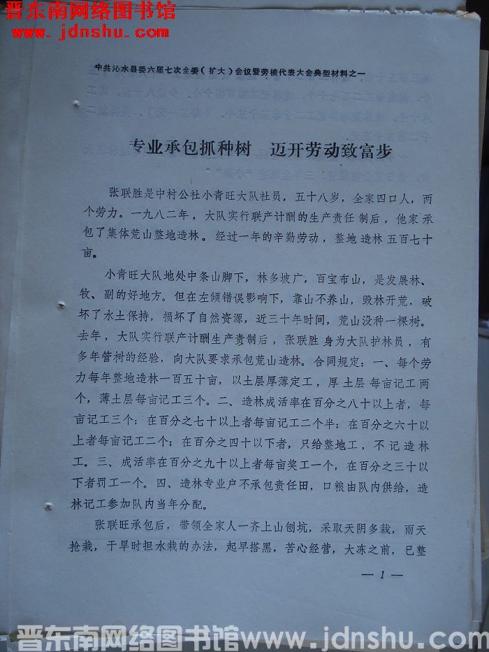 中共沁水县委六届七次全委（扩大）会议暨劳模代表大会典型材料之一：专业承包抓种树 迈开劳动致富步
