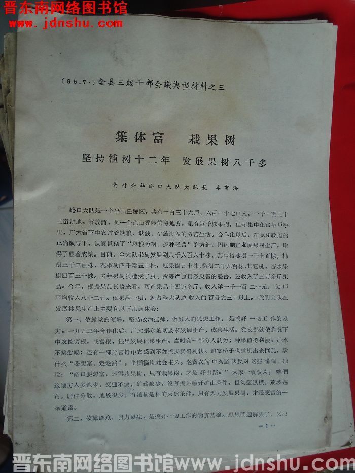 （晋城县）全县三级干部会议典型材料之三：集体富 栽果树 坚持植树十二年 发展果树八千多