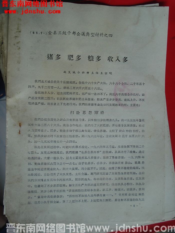 （晋城县）全县三级干部会议典型材料之四：猪多 肥多 粮多 收入多