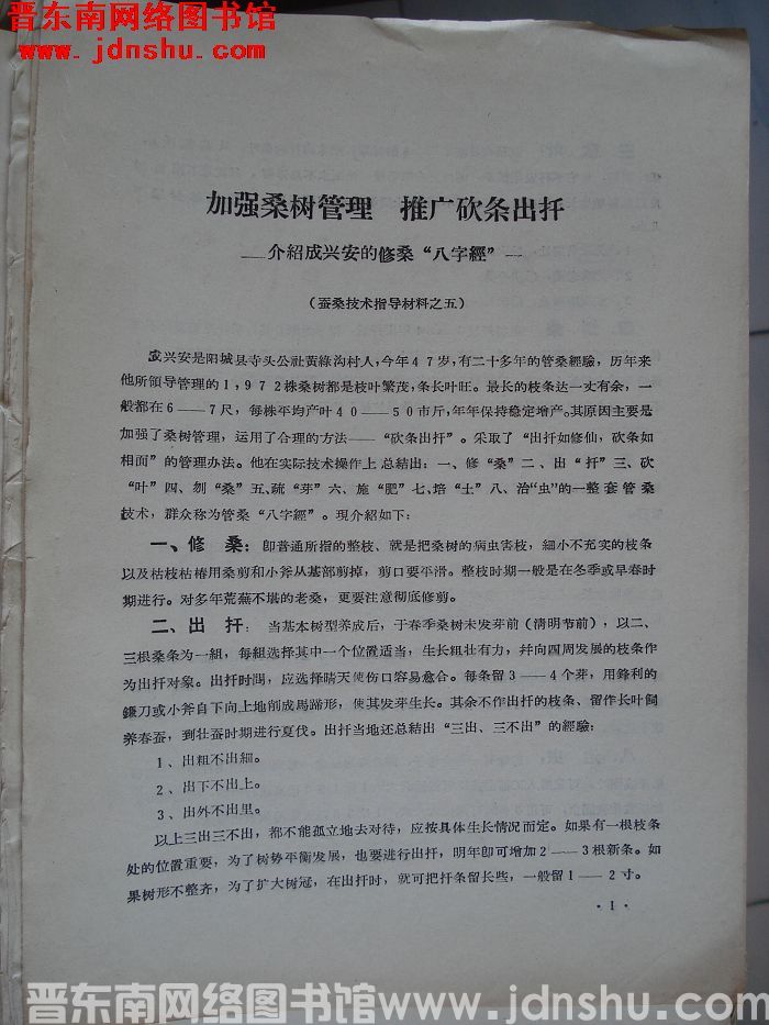 蚕桑技术指导材料之五：加强桑树管理 推广砍条出扦——介绍成兴安的修桑“八字经”（19640210）