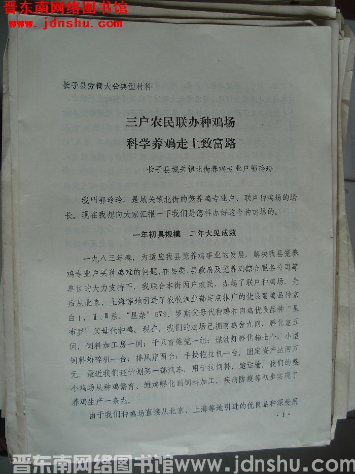 长子县劳模大会典型材料：三户农民联办种鸡场 科学养鸡走上致富路