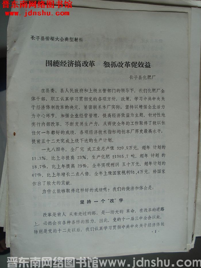 长子县劳模大会典型材料：围绕经济搞改革 狠抓改革促效益