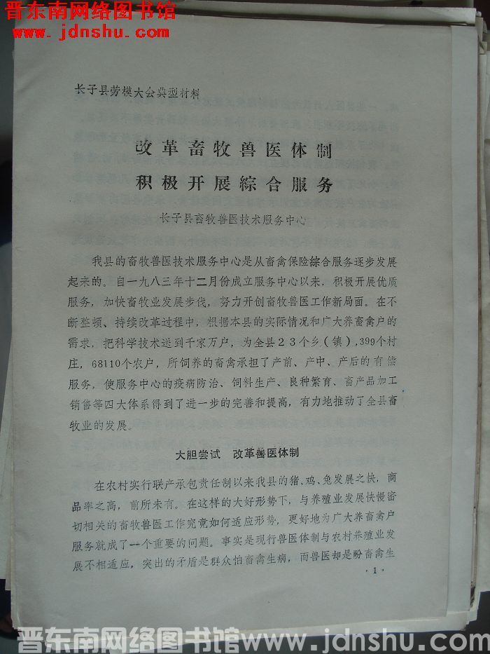 长子县劳模大会典型材料：改革畜牧兽医体制 积极开展综合服务