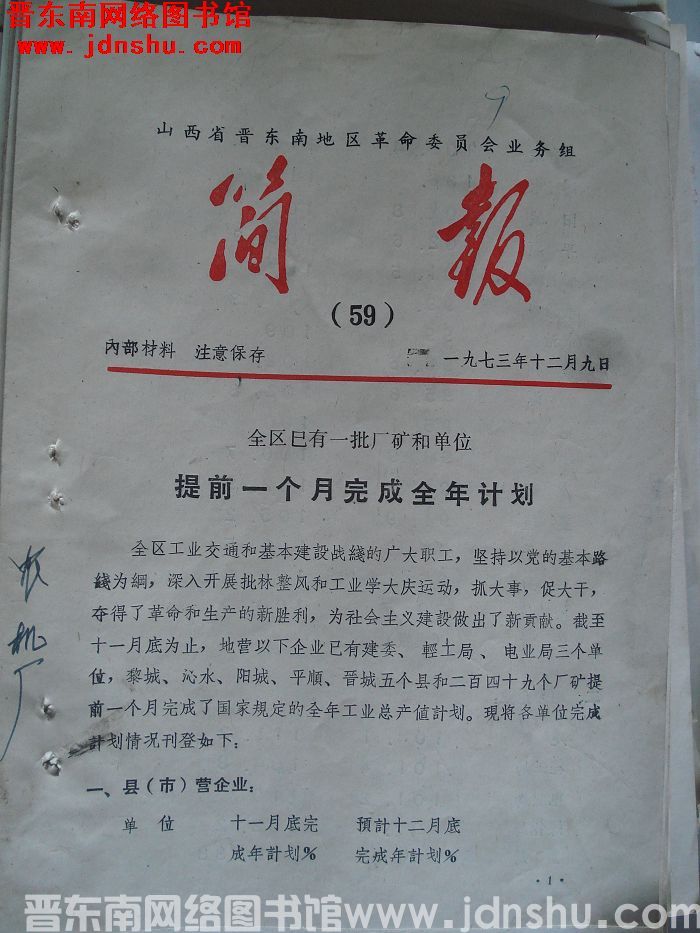 山西省晋东南地区革命委员会业务组简报 1973-59