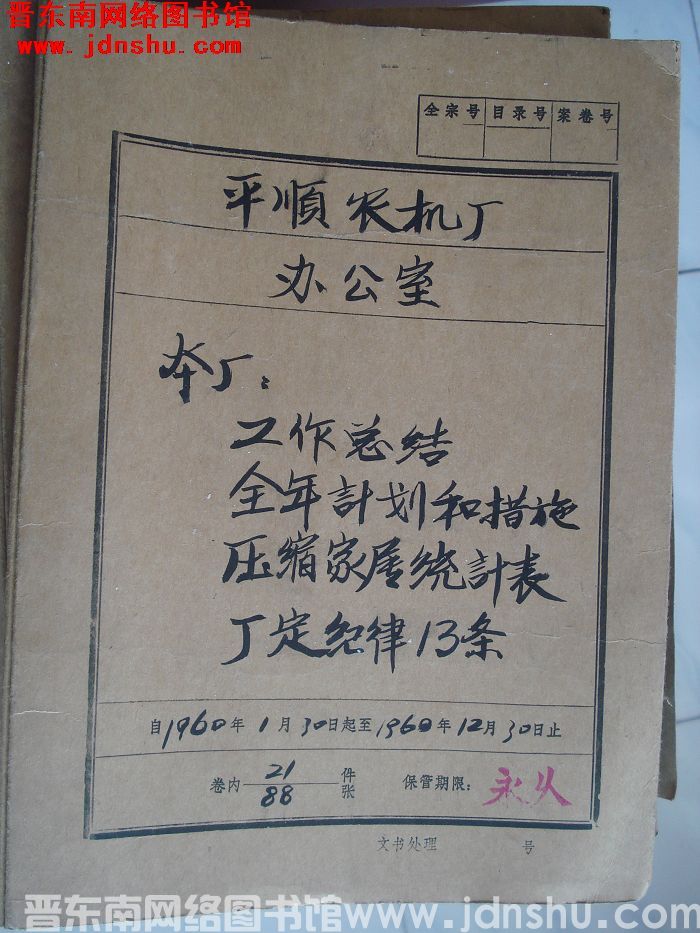 平顺农机厂办公室档案：本厂工作总结 1960.1-1960.12