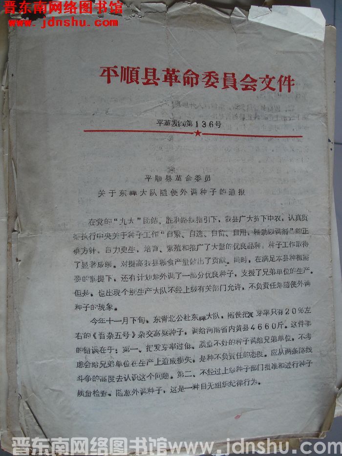 平顺县革命委员会文件 平革发（71）第136号：平顺县革命委员会关于东禅大队随便外调种子的通报