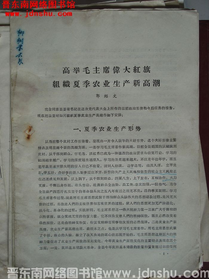 高举毛主席伟大红旗组织夏季农业生产新高潮