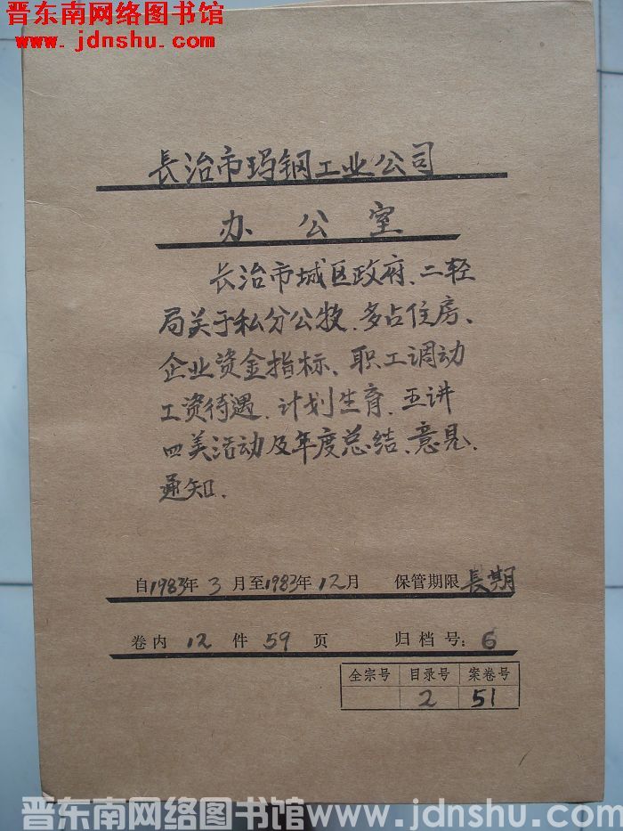 长治市玛钢工业公司办公室档案：1983.3-1983.12
