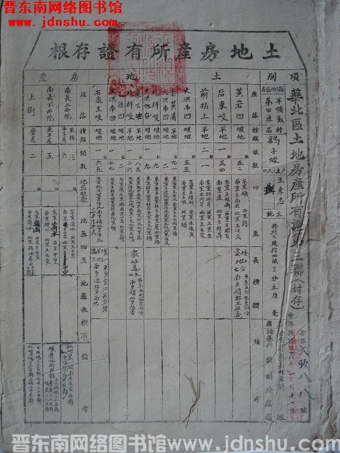 土地房产所有证存根：平顺县第四区鹞子坡村王孝忠 字第2988号