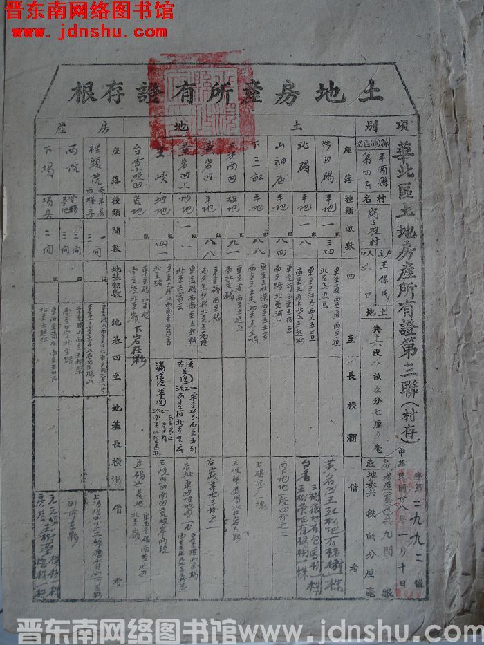 土地房产所有证存根：平顺县第四区鹞子坡村王保民 字第2992号