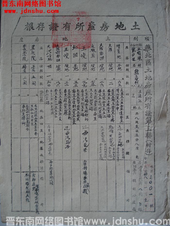 土地房产所有证存根：平顺县第四区鹞子坡村王进江 字第3001号