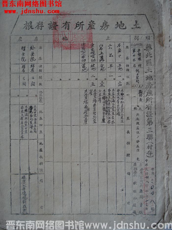 土地房产所有证存根：平顺县第四区鹞子坡村耿根辰 字第3008号