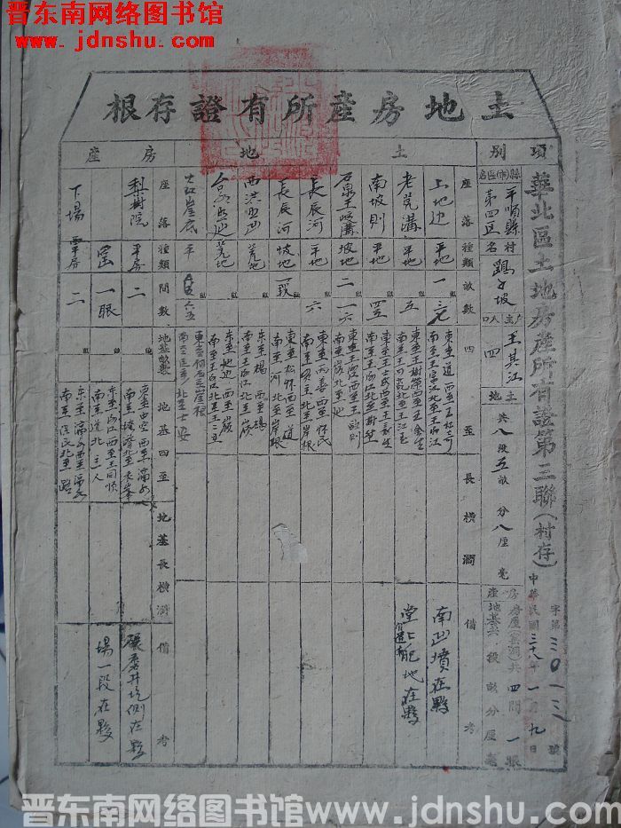 土地房产所有证存根：平顺县第四区鹞子坡村王其江 字第3013号