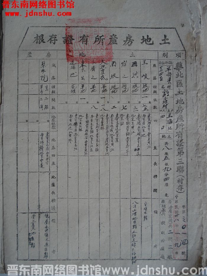 土地房产所有证存根：平顺县第四区鹞子坡村王海江 字第3014号