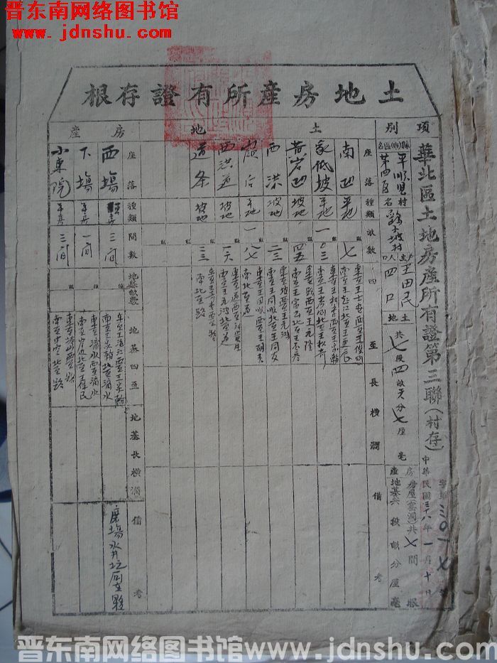 土地房产所有证存根：平顺县第四区鹞子坡村王田民 字第3017号