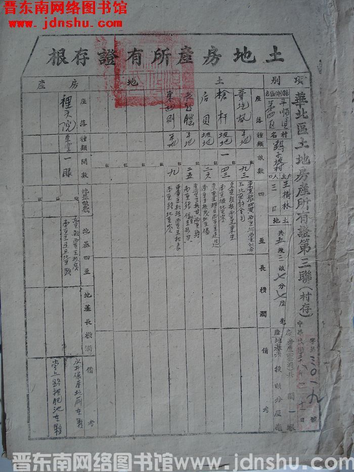 土地房产所有证存根：平顺县第四区鹞子坡村王树林 字第3019号