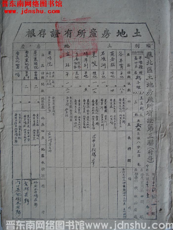 土地房产所有证存根：平顺县第四区鹞子坡村王五则 字第3041号