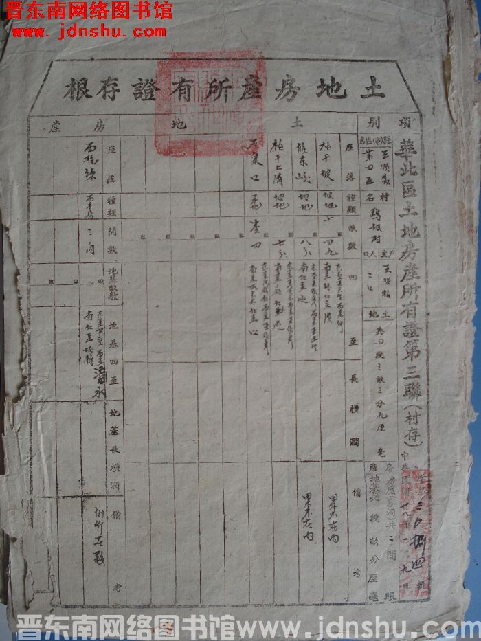 土地房产所有证存根：平顺县第四区鹞坡村王换眼 字第3084号
