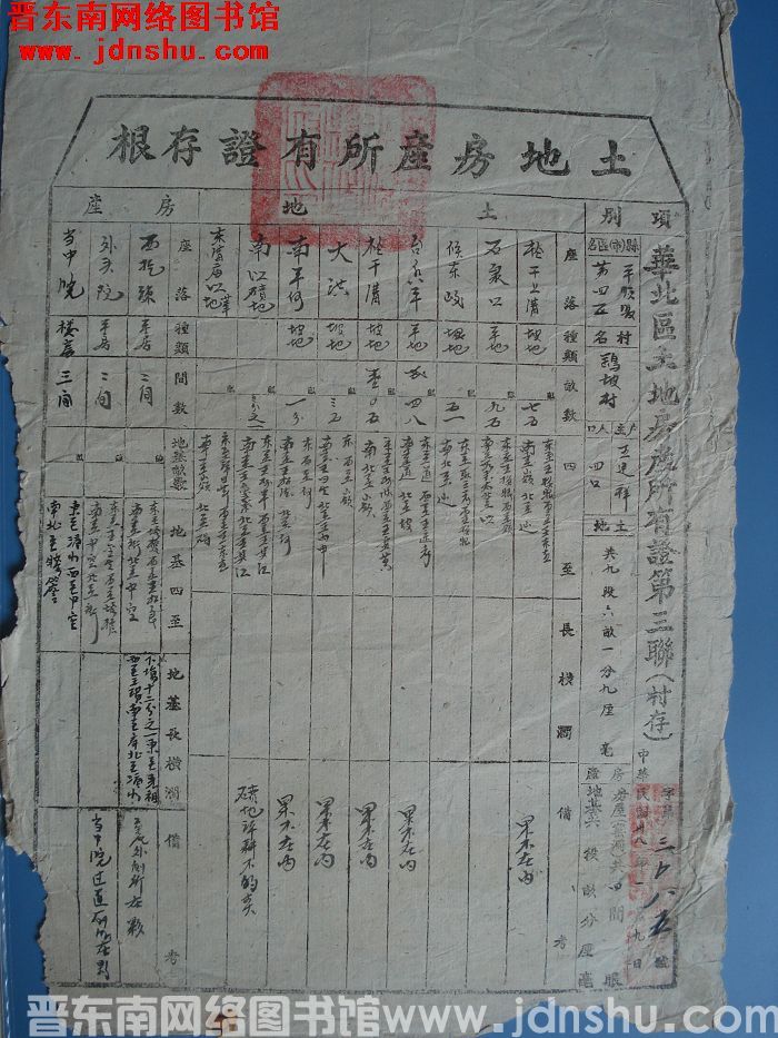 土地房产所有证存根：平顺县第四区鹞坡村王建祥 字第3085号