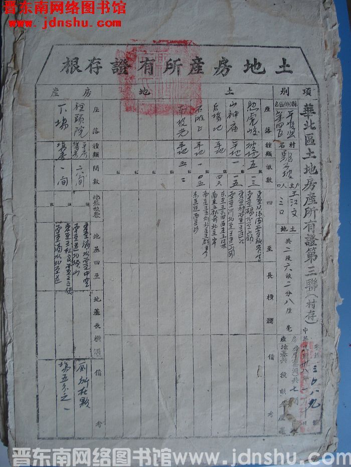 土地房产所有证存根：平顺县第四区鹞子坡村王江文 字第3089号