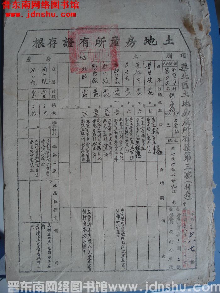 土地房产所有证存根：平顺县第四区鹞子坡村王爱盛 字第3087号