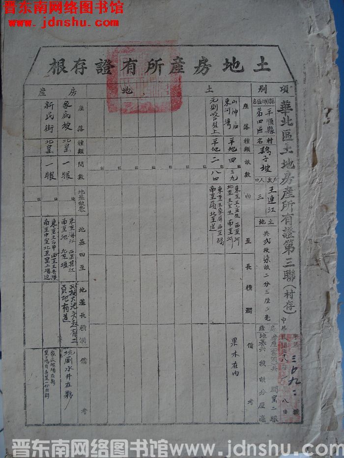 土地房产所有证存根：平顺县第四区鹞子坡村王连江 字第3092号