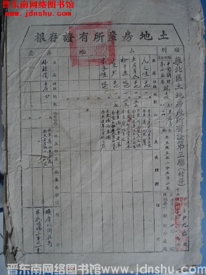土地房产所有证存根：平顺县第四区鹞子坡村王廷彦 字第3095号
