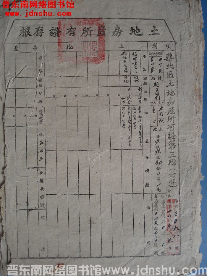 土地房产所有证存根：平顺县第四区鹞子坡村王尚武 字第3098号