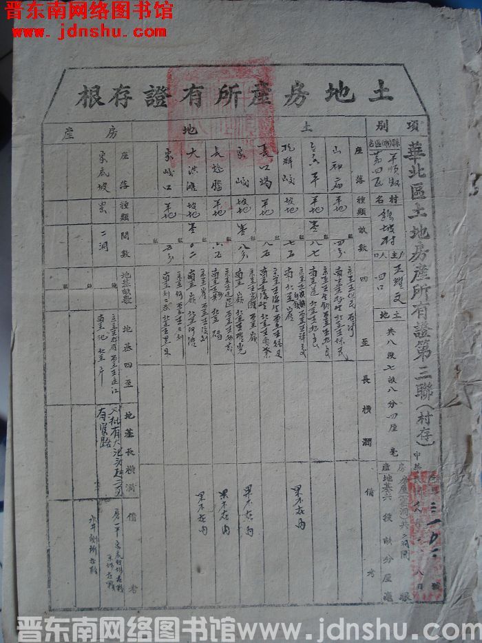 土地房产所有证存根：平顺县第四区鹞坡村王耀文 字第3102号