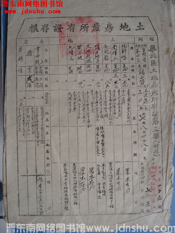 土地房产所有证存根：平顺县第四区鹞子坡村王廷选 字第3105号