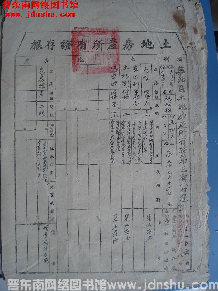 土地房产所有证存根：平顺县第四区鹞坡村王松玉 字第3106号