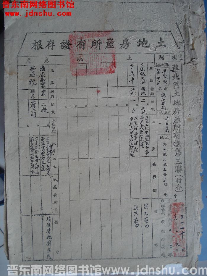 土地房产所有证存根：平顺县第四区鹞子坡村王守义 字第3110号