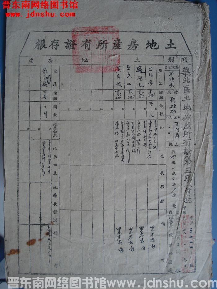 土地房产所有证存根：平顺县第四区鹞坡村王何群 字第3111号