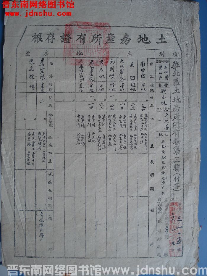 土地房产所有证存根：平顺县第四区鹞子坡村王廷善 字第3115号