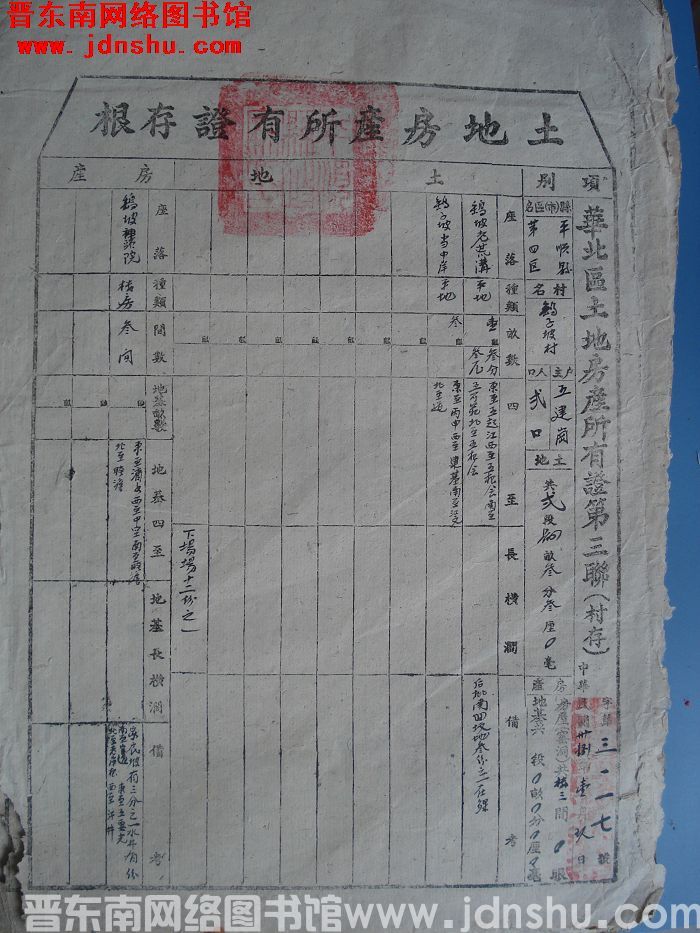 土地房产所有证存根：平顺县第四区鹞子坡村王建岗 字第3117号