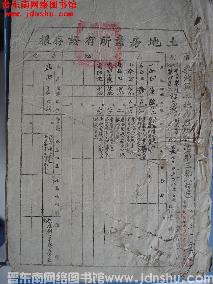 土地房产所有证存根：平顺县第四区鹞子坡村耿来富 字第3126号