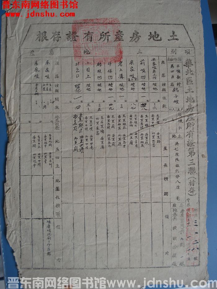 土地房产所有证存根：平顺县第四区鹞子坡村张练仁 字第3128号