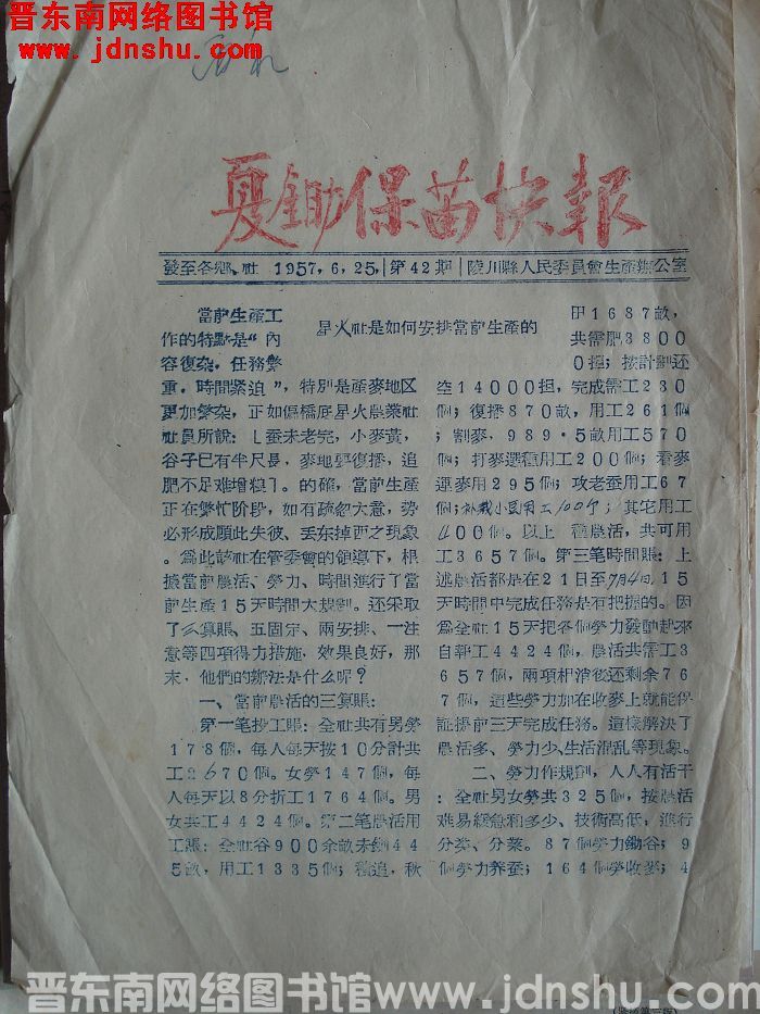 夏锄保苗快报 1957-6-25 第42期