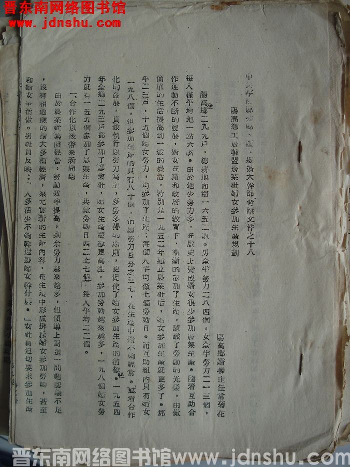 中共平顺县委县、区、乡扩大干部会议文件之十八：阳高乡工农联盟农业社妇女参加生产规划