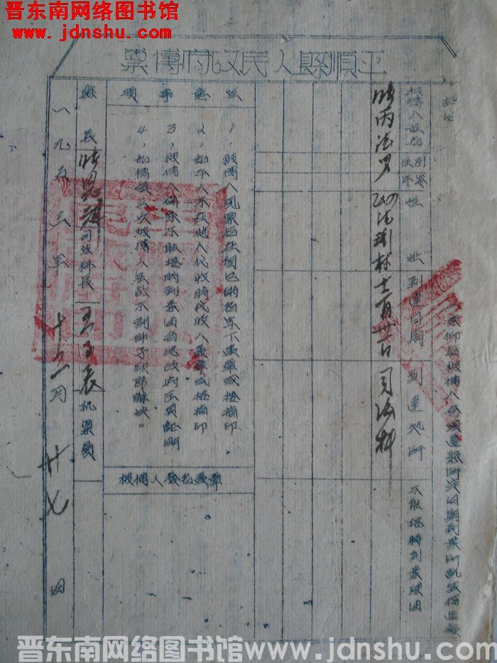 平顺县人民政府传票（19531227）：四区德珩村张丙法