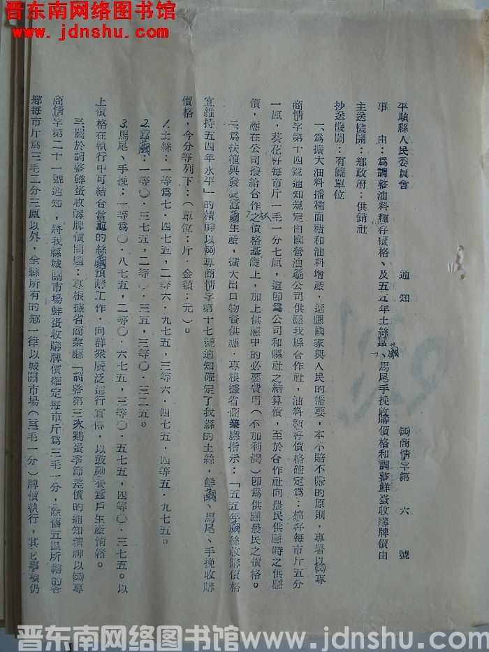 平顺县人民委员会通知（55）商情字第6号：为调整油料种籽价格、及五五年土丝蚕茧、马尾、挽手收购价格和
