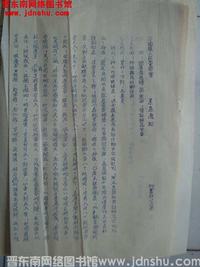 平顺县人民委员会紧急通知（55）农政字第3号：开展查苗补苗运动，保证棉花全苗