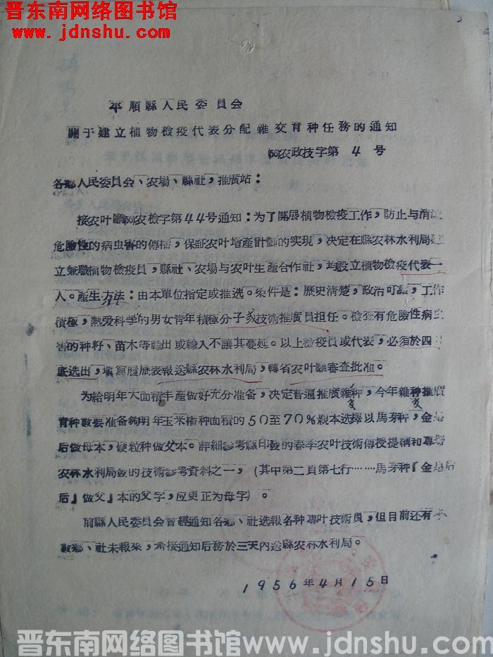 平顺县人民委员会关于建立植物检疫代表分配杂交育种任务的通知（56）农政技字第4号
