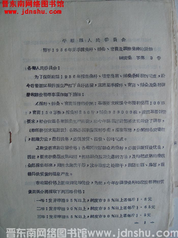 平顺县人民委员会关于1956年夏季采桑籽、插条、育苗及调拨桑种的通知（56）农桑字第3号
