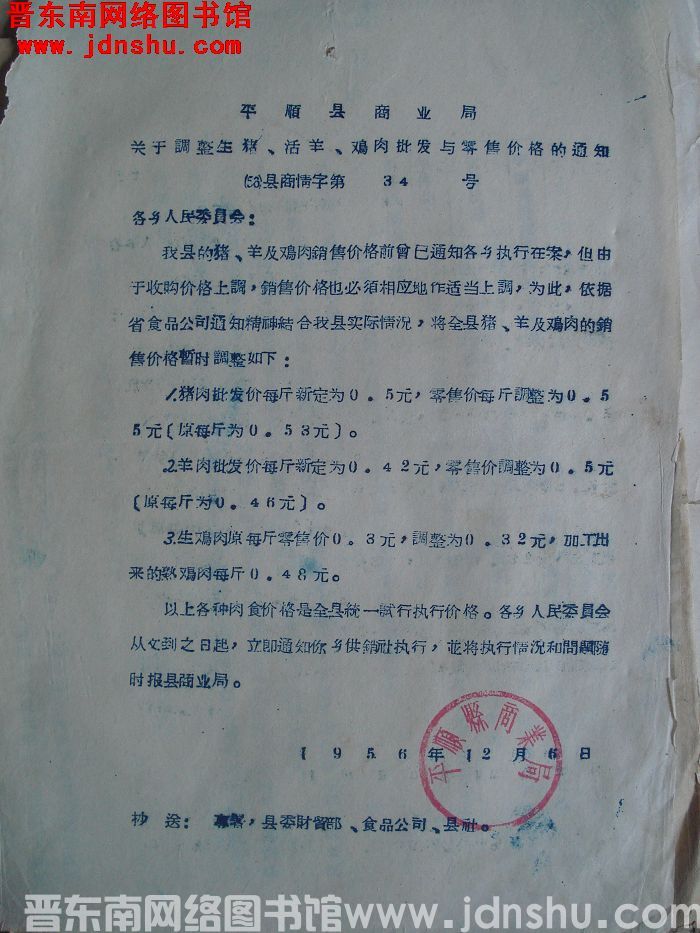 平顺县商业局关于调整生猪、活羊、鸡肉批发与零售价格的通知（56）县商情字第34号